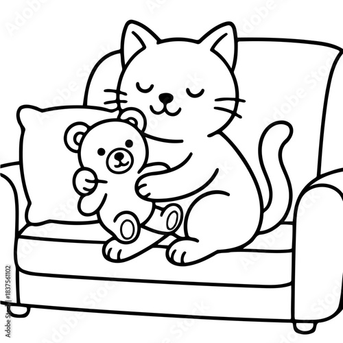 Cozy Companions: A cartoon cat, content and relaxed, snuggles with its beloved teddy bear on a comfy armchair, a picture of pure serenity and domestic bliss.