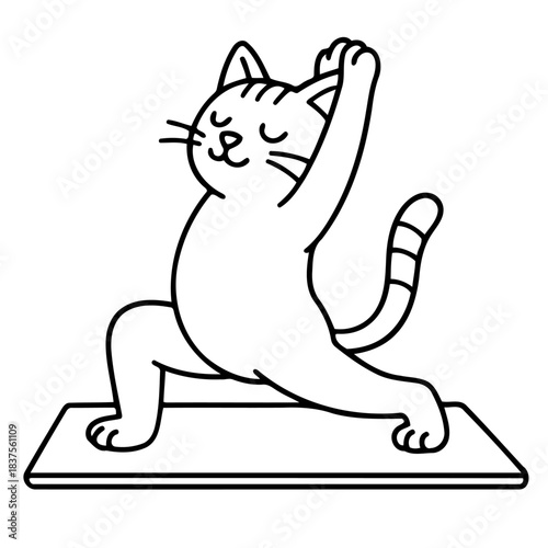 Zen Cat Yoga: A serene cat strikes a warrior pose on a yoga mat, showcasing inner peace and mindfulness, embodying a blend of animal grace and the tranquility of yoga.