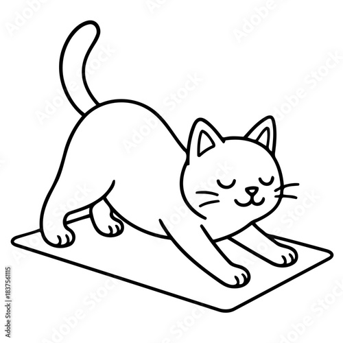Cat Yoga Pose: A minimalist monochrome illustration of a relaxed cat in a yoga pose. the cat stretching on a yoga mat. showcasing mindfulness, well-being, and serene moments.