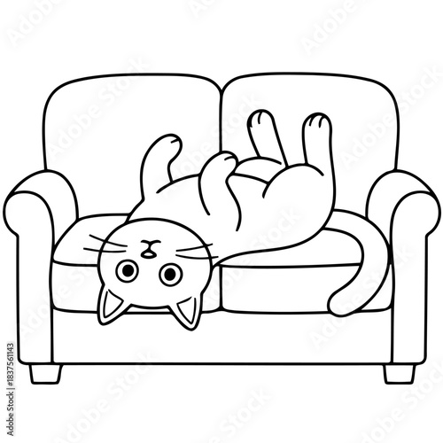 Relaxed feline lounging on sofa: A playful cat enjoys ultimate relaxation on a comfy sofa, showcasing a cute, carefree attitude. A simple line drawing capturing joy