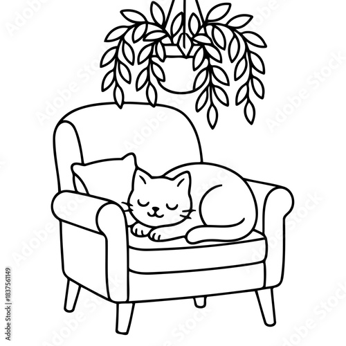Cozy Nap Spot: A serene illustration of a contented cat peacefully napping in a plush armchair, with a leafy plant overhead creating a tranquil indoor setting.