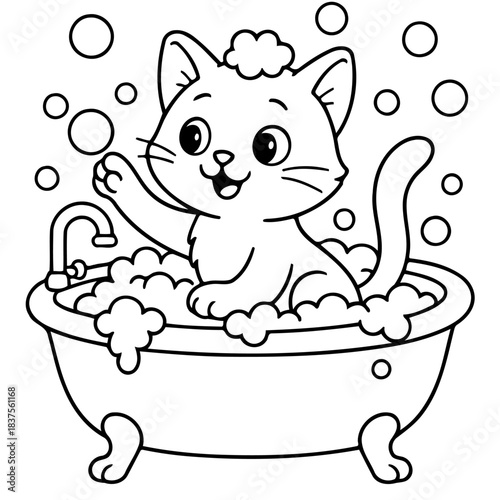 Bath Time Bliss: An adorable kitten enjoys a bubbly bath, surrounded by playful bubbles and cheerful innocence.