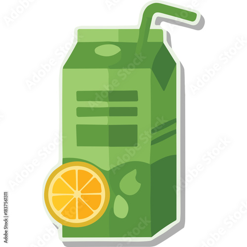 Green Juice Box with Orange Slice and Straw Featuring Abstract Shapes and Drops on White Background