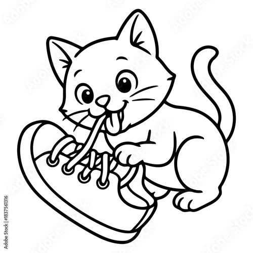 Playful Kitten and Shoe: A cheerful and mischievous kitten is captivated by a shoe, playfully biting a shoelace, its eyes sparkling with curiosity and fun.