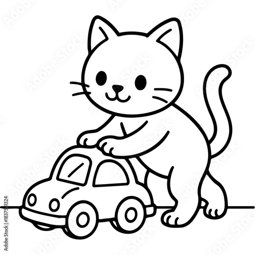 Kitten with a Toy Car: This delightful illustration depicts a playful kitten engaging with a toy car, a charming scene capturing the joy of innocent games. 