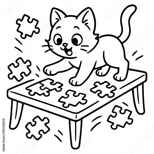 Cat Puzzles: An adorable cartoon kitten, full of playful curiosity, interacts with puzzle pieces laid out on a table, evoking feelings of fun, intelligence, and a little bit of playful mischief.