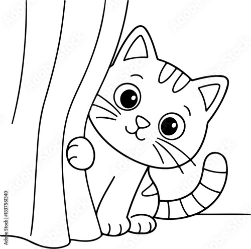 Curious Peekaboo: A playful cat playfully peeks from behind a curtain, with wide eyes full of curiosity and charm, inviting viewers to share in its hidden game.