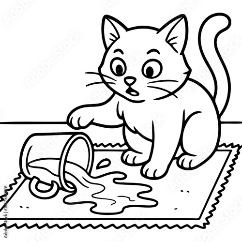 Oops Moment: A cartoon cat, caught in a moment of accidental clumsiness, eyes wide with surprise as a spilled liquid spreads across the floor