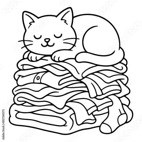 Cozy Cat Nap on Laundry: A cute cat sleeps peacefully atop a neat pile of clean clothes, radiating warmth and tranquility. A charming illustration capturing the serenity of domestic life.
