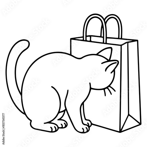 Cat and Shopping Bag: A curious cat, drawn with clean lines, is intrigued by a simple shopping bag. The image evokes playful curiosity and the simple pleasures of everyday life. 