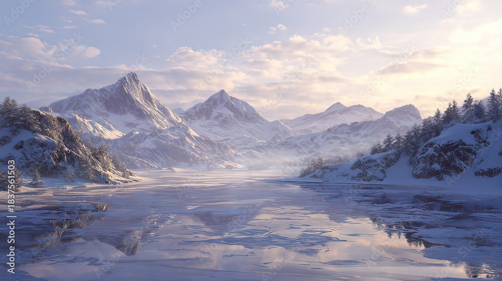 Fototapeta premium Scenic frozen lake under soft morning light with snow on transparent background