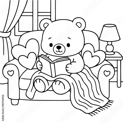 Cozy Bear's Reading Nook: An adorable bear, immersed in a captivating book while nestled in a comfy armchair, surrounded by hearts and warm ambiance. 