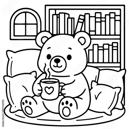 Cozy bear reading in room:A charming cartoon bear enjoys a cup of tea amidst the comfort of pillows, books, and a window, evoking feelings of warmth and contentment.