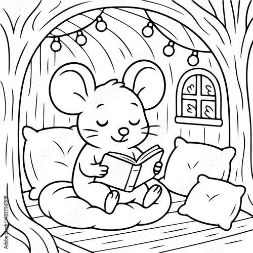 Cozy Mouse with a Book: A charming illustration depicts a serene mouse nestled in a cozy nook, absorbed in a good book, surrounded by soft pillows and the warm glow of fairy lights.