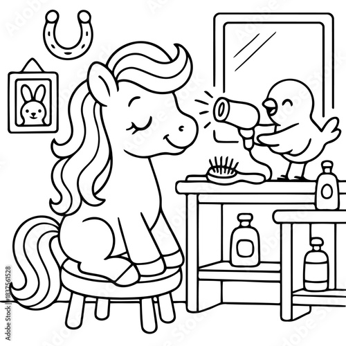Grooming Day: A whimsical illustration depicts a charming pony enjoying a pampering session, with a cheerful bird meticulously styling its mane with a hairdryer. A sweet scene for kids!