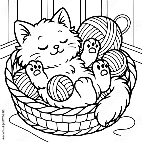 Cute Kitten in Basket: A fluffy kitten peacefully naps in a wicker basket, surrounded by cozy balls of yarn, capturing the serenity of a purrfect moment.