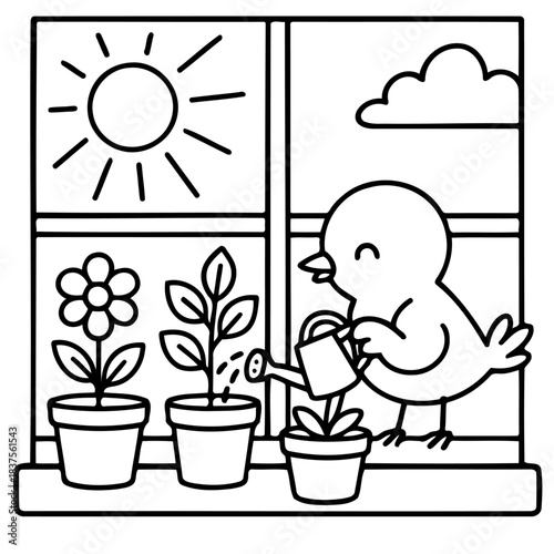 Nurturing Nature's Tiny Wonders: A cheerful avian friend diligently tends to flourishing plants within a sunlit window, a sweet moment of cultivation and care.