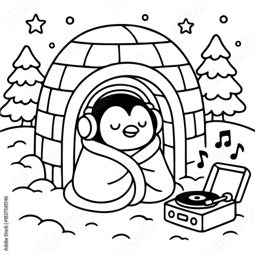 Cozy Penguin and Music: A delightful illustration of a penguin enjoying music in a snow igloo. The penguin is wrapped in a cozy blanket with headphones on, as a turntable plays music