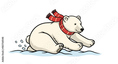 Cartoon polar bear with red scarf sliding on ice in winter seasonal illustration