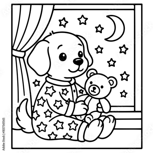 Cozy Nighttime with Puppy: A charming cartoon puppy, adorned in star-patterned pajamas, sits beside a window, clutching a teddy bear, while stars and a crescent moon illuminate the night.
