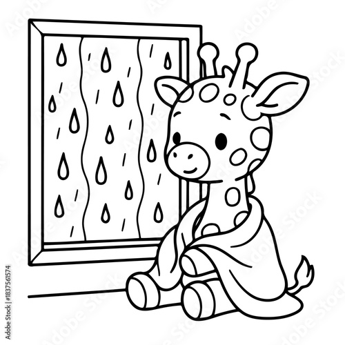 Cute Giraffe Watching Rain: A charming cartoon giraffe, swathed in a cozy blanket, gazes wistfully out a window at a gentle rain shower, conveying innocence and warmth.