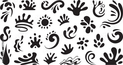 Black ink splatter and swirl icons for abstract design, texture effects, decoration, and creative art