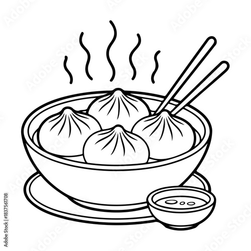 Steaming Dumplings: A line art of delicate dumplings resting in a bowl, steam curling gently above, ready to savor with chopsticks.