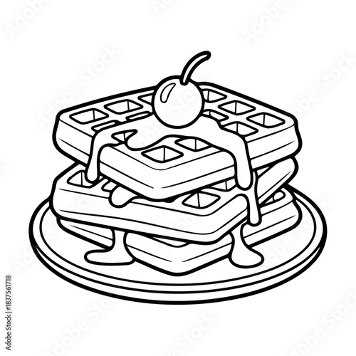 Waffles with Syrup and Cherry: Delicious stack of golden waffles topped with sweet syrup and a vibrant cherry on a plate. This visual captures the essence of a delightful and tempting treat.