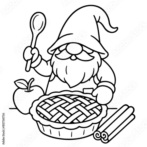 Whimsical Gnome's Culinary Delight: A charming illustration depicts a jovial gnome, a master of the kitchen, presenting a delectable apple pie, capturing the essence of culinary artistry.