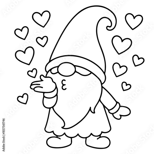 Gnome's Heartfelt Gesture: A charming cartoon gnome, encircled by a flurry of hearts, sending a playful kiss, symbolizing affection and joy.