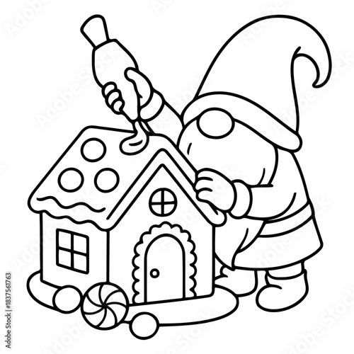 Gingerbread House Construction: A whimsical gnome meticulously crafts a charming gingerbread house, decorating it with delicate care and festive cheer.