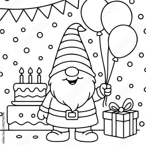 Birthday Gnome Celebration: A cheerful garden gnome beams with joy, holding balloons and celebrating with a birthday cake and gift, against a festive backdrop filled with confetti.
