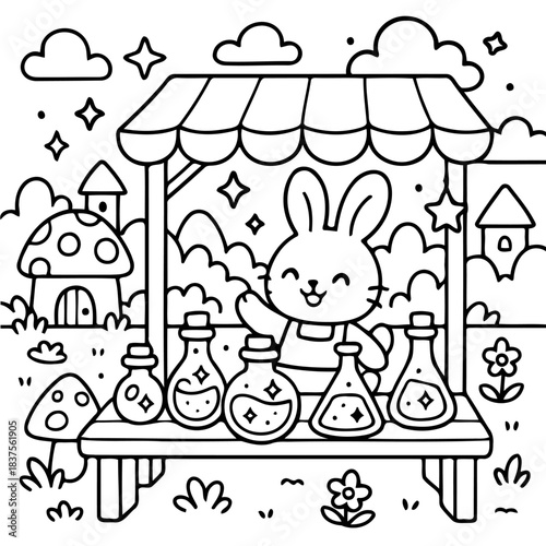 Magical Market Adventure: An endearing illustration showcases a cheerful rabbit merchant at his charming market stall, overflowing with mystical potions and set amidst a whimsical landscape. 