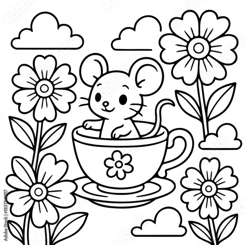 Whimsical Mouse in Teacup: A delightful cartoon mouse, surrounded by cheerful flowers and fluffy clouds, sits snugly inside a teacup. This charming scene exudes pure joy and a sense of wonder.