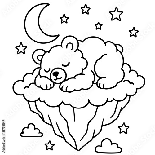 Dreamy Slumber: A peaceful bear serenely sleeps atop a cloud under a starry night sky, its dreams mirroring the serenity of the cosmos. 