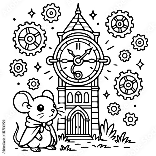 Time-Traveler's Watch Tower: A charming illustration featuring a whimsical clock tower, adorned with intricate gears and a curious mouse, embodying the essence of adventure and fantastical timelines.