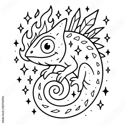 Magical Chameleon: An illustrated chameleon exuding enchantment with radiant stars, flames, and mystical crystals.
