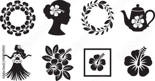 Black hibiscus icons featuring floral silhouettes, tropical motifs, dancers, teapot, wreaths, and beauty