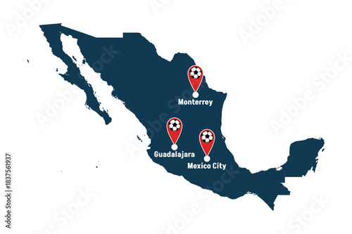 Vector map illustration highlighting the three Mexican host cities for the 2026 global football tournament, featuring location markers for Monterrey, Guadalajara and Mexico City