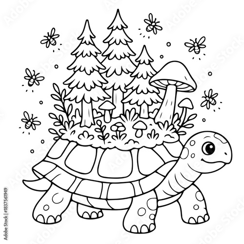 Whimsical Tortoise with Forest: a charming illustration of a whimsical tortoise carrying a miniature forest on its back, complete with mushrooms and enchanting plants.