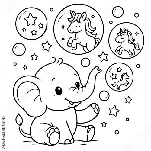 Playful Elephant's Dream Bubbles: A charming, cartoon elephant, surrounded by whimsical bubbles containing tiny unicorns and sparkling stars. Witnessing the delightful charm.