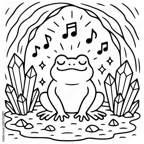 Melodic Serenity: An illustration of a calm frog, its eyes closed in peaceful meditation.  Musical notes dance above its head, amidst sparkling crystals and a cave entrance.