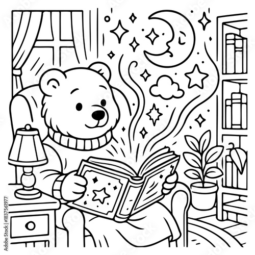 Book of Dreams: A cuddly bear engrossed in a whimsical book, weaving dreams of the moon and stars, within a cozy, inviting interior.