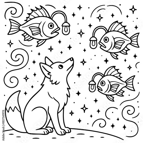 Mystical Encounter: A fox gazes upward at a celestial display, accompanied by surreal, luminescent fish, in a whimsical scene that sparks imagination.