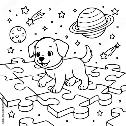 Puppy on a cosmic Puzzle: A playful puppy embarks on an imaginary journey through the cosmos, exploring the stars, planets, and constellations, set on a whimsical puzzle.