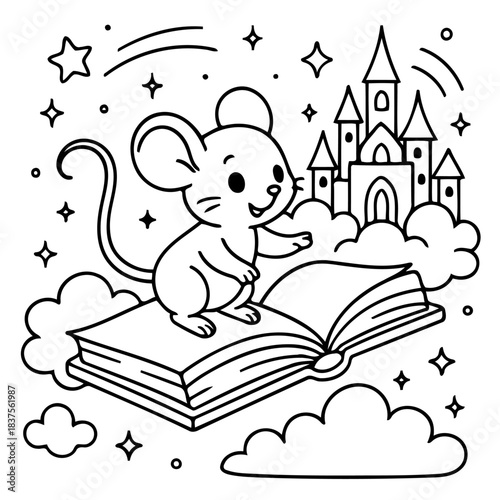 Magical Storybook: A whimsical illustration of a smiling mouse riding atop an open storybook in a dreamlike setting with castle. 