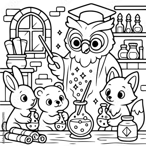Cute Animal Scientists at Laboratory: A wise owl, donned in a graduation cap, guides a bunny, bear and fox, during a scientific experiment within a magical laboratory.