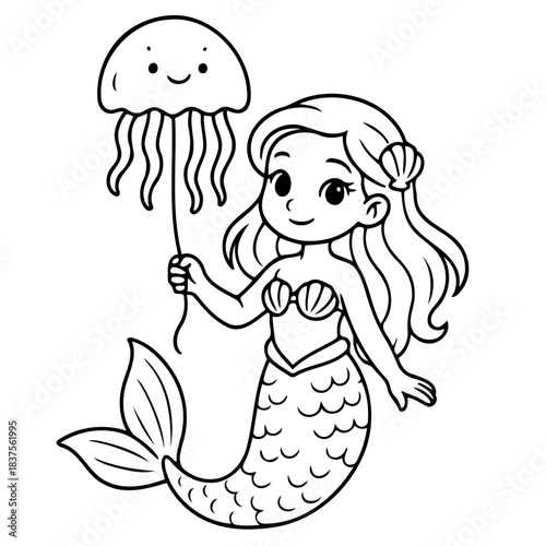 Charming Mermaid and Jellyfish: A whimsical illustration depicts a delightful mermaid holding a smiling jellyfish, emanating a sense of undersea wonder and imaginative play.