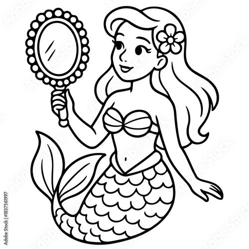 Mermaid's Reflection: A enchanting mermaid gazes into a hand mirror, her graceful form captured with delicate lines, hair adorned with a flower, bringing the fairytale world to life. 