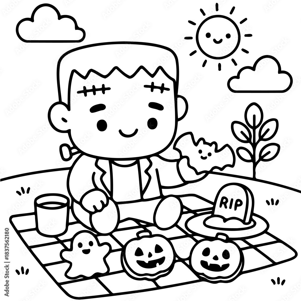 Fototapeta premium Frankenstein's Picnic Party: A cute cartoon Frankenstein enjoys a playful picnic on a sunny day, surrounded by Halloween treats and decorations.